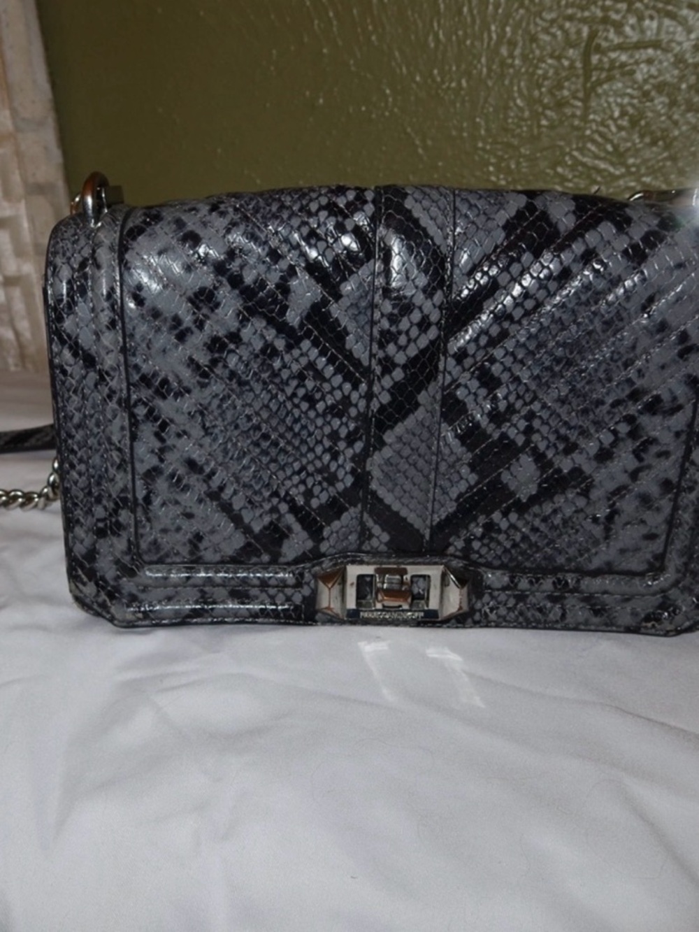 Grey Snake-Print Crossbody Bag with Silver Hardware by Rebecca Minkoff